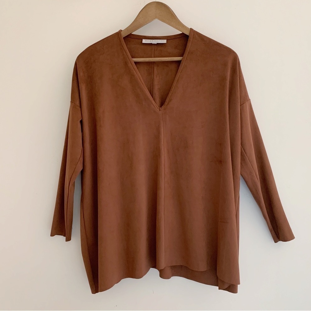 Bryn Walker Brown Faux Suede V Neck Top XS Autumn Lagenlook
